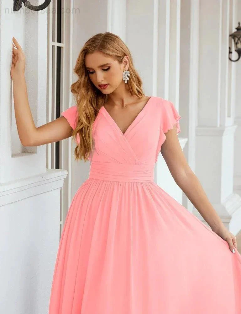 Numbersea V-Neck Bridesmaid Dress Floor Length Backless Formal Evening Dress 28024 - Image 158