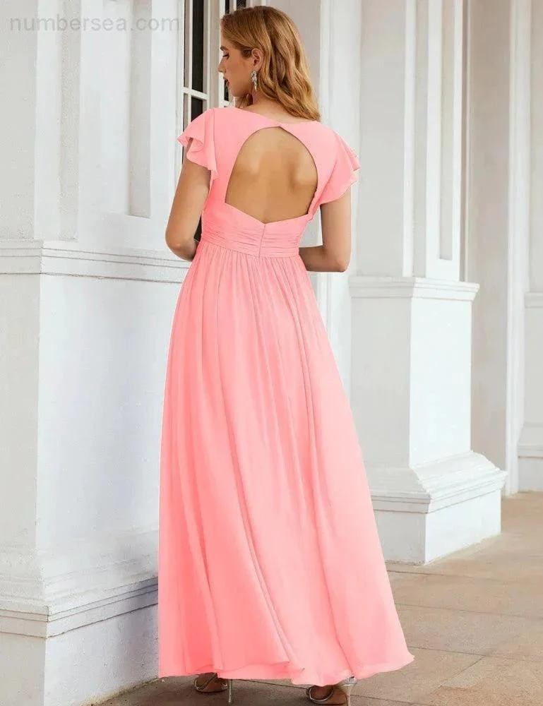 Numbersea V-Neck Bridesmaid Dress Floor Length Backless Formal Evening Dress 28024 - Image 159