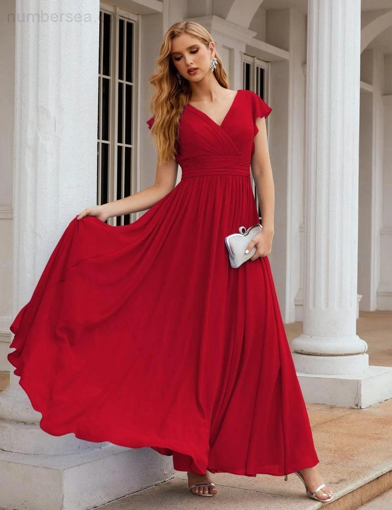 Numbersea V-Neck Bridesmaid Dress Floor Length Backless Formal Evening Dress 28024 - Image 161