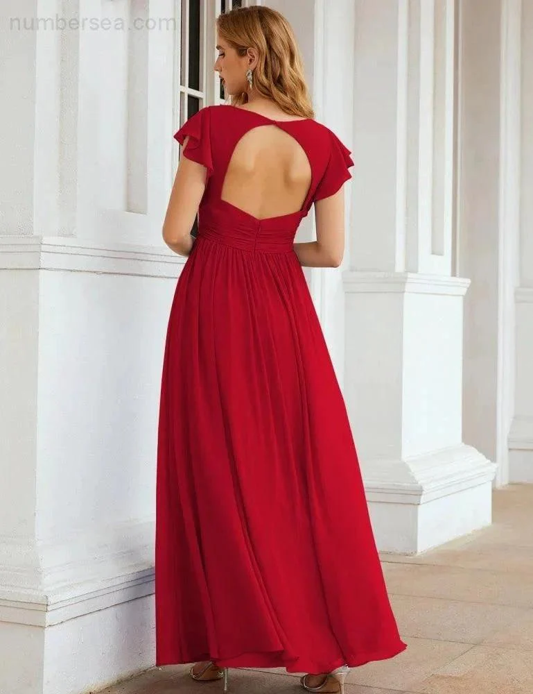 Numbersea V-Neck Bridesmaid Dress Floor Length Backless Formal Evening Dress 28024 - Image 163