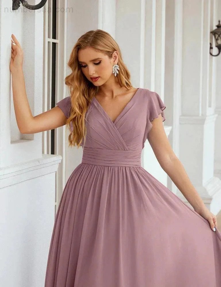 Numbersea V-Neck Bridesmaid Dress Floor Length Backless Formal Evening Dress 28024 - Image 3