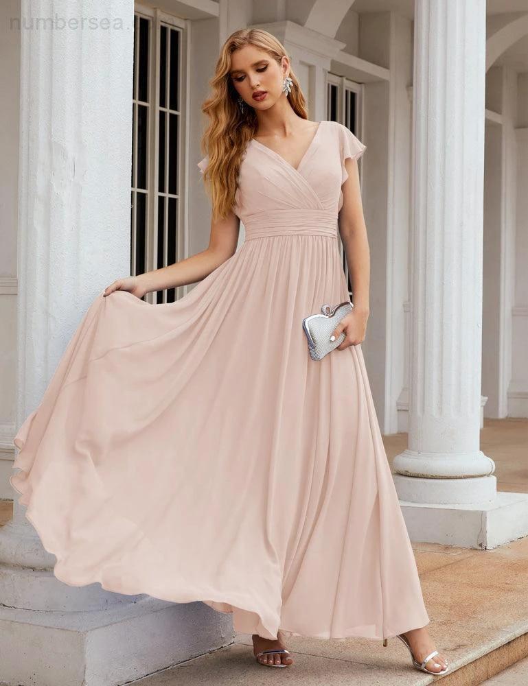 Numbersea V-Neck Bridesmaid Dress Floor Length Backless Formal Evening Dress 28024 - Image 30