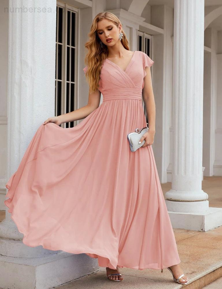 Numbersea V-Neck Bridesmaid Dress Floor Length Backless Formal Evening Dress 28024 - Image 34