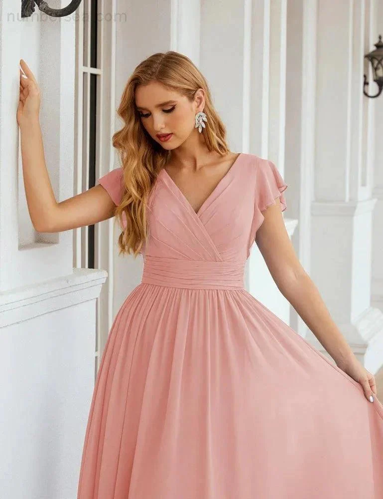 Numbersea V-Neck Bridesmaid Dress Floor Length Backless Formal Evening Dress 28024 - Image 35