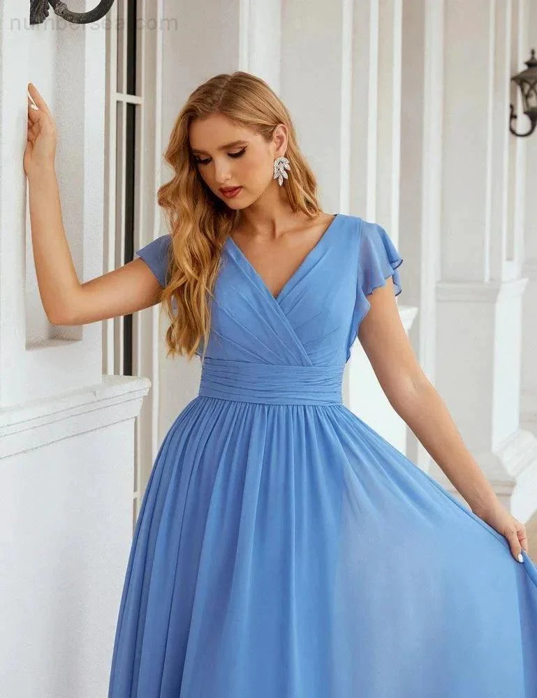 Numbersea V-Neck Bridesmaid Dress Floor Length Backless Formal Evening Dress 28024 - Image 39