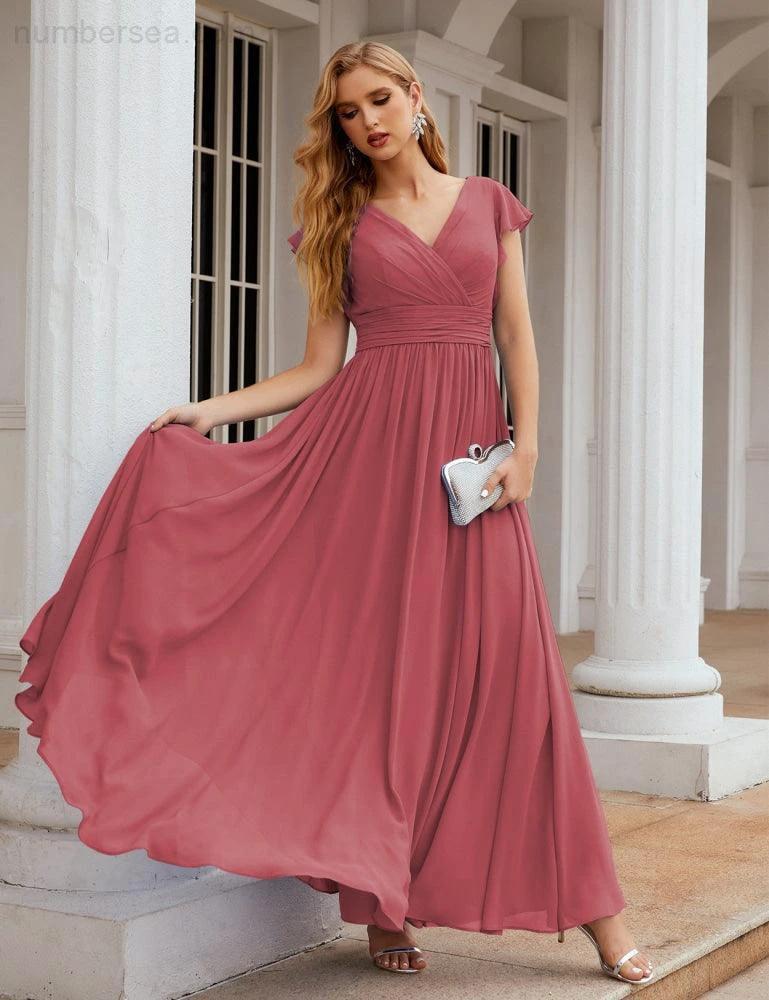 Numbersea V-Neck Bridesmaid Dress Floor Length Backless Formal Evening Dress 28024 - Image 42