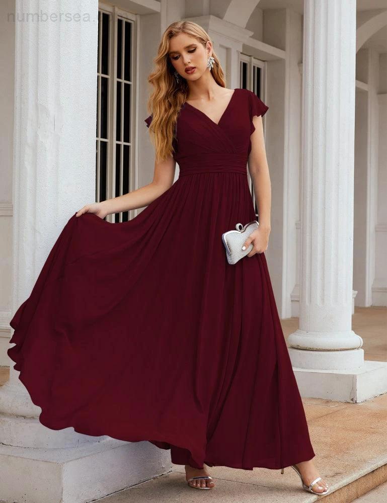 Numbersea V-Neck Bridesmaid Dress Floor Length Backless Formal Evening Dress 28024 - Image 46