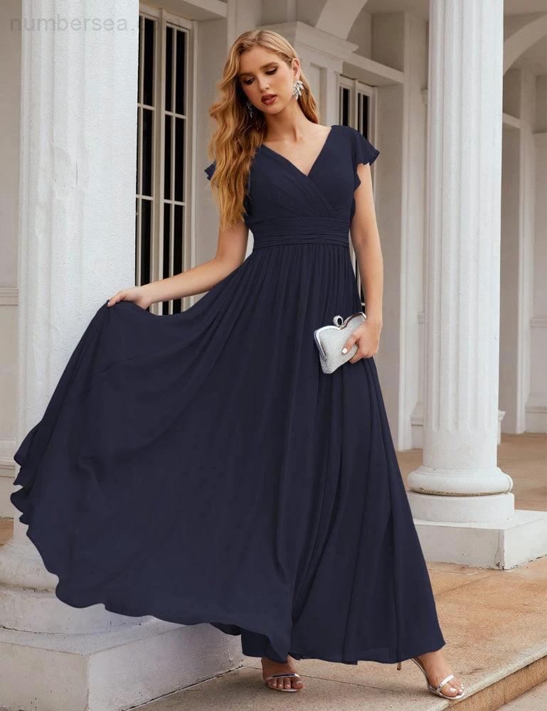 Numbersea V-Neck Bridesmaid Dress Floor Length Backless Formal Evening Dress 28024 - Image 70
