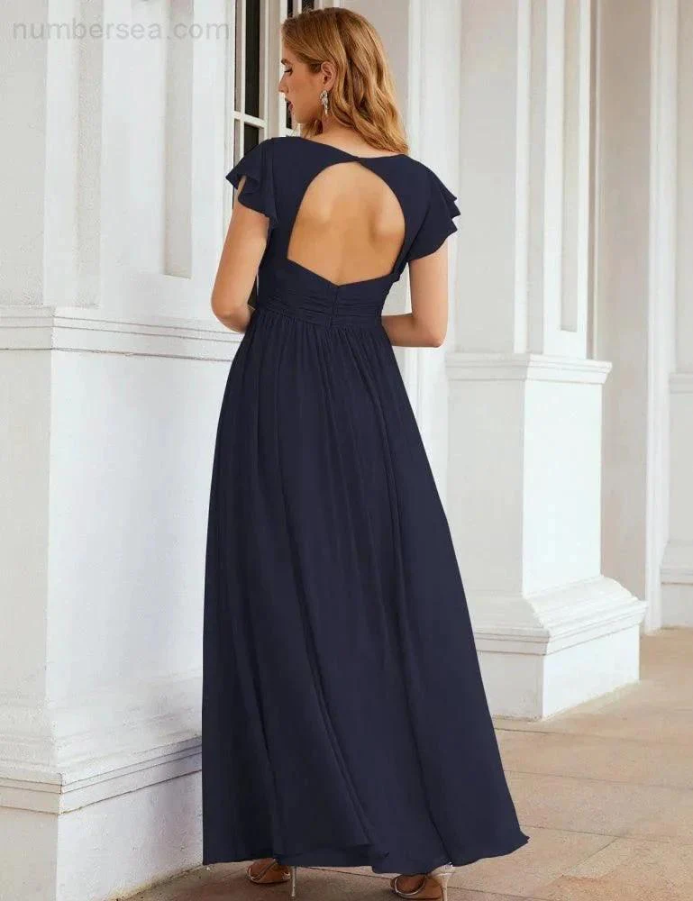 Numbersea V-Neck Bridesmaid Dress Floor Length Backless Formal Evening Dress 28024 - Image 72