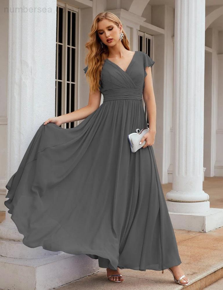 Numbersea V-Neck Bridesmaid Dress Floor Length Backless Formal Evening Dress 28024 - Image 78