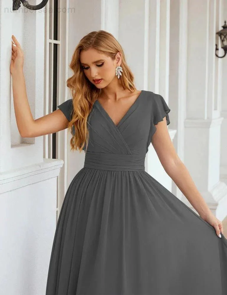 Numbersea V-Neck Bridesmaid Dress Floor Length Backless Formal Evening Dress 28024 - Image 79