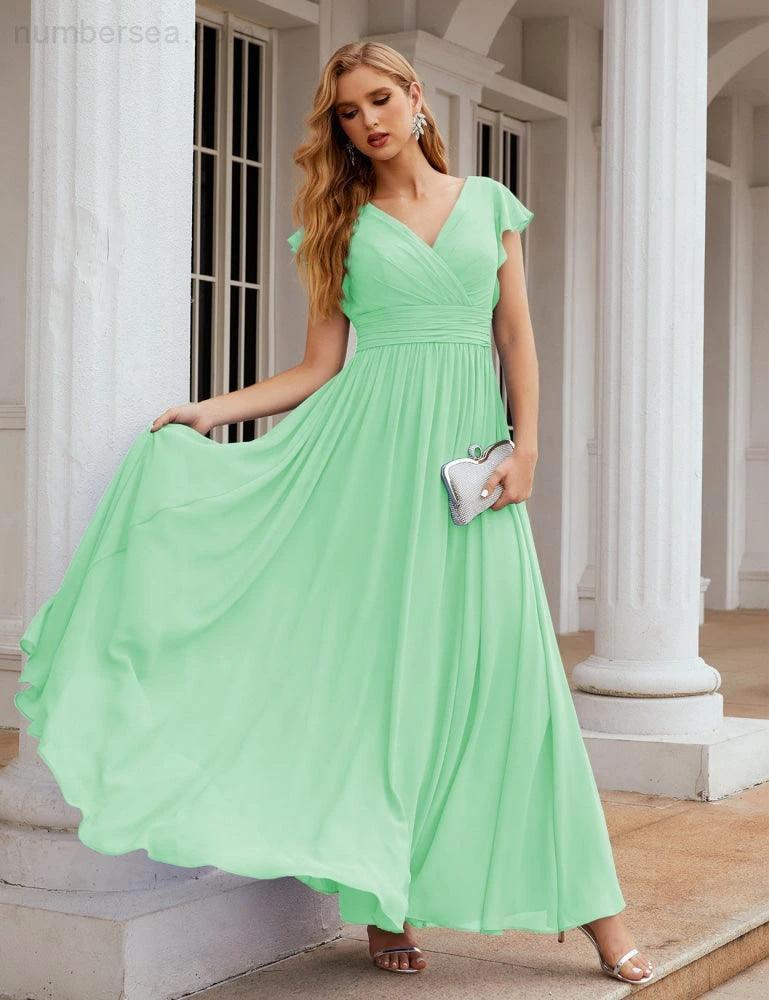 Numbersea V-Neck Bridesmaid Dress Floor Length Backless Formal Evening Dress 28024 - Image 86
