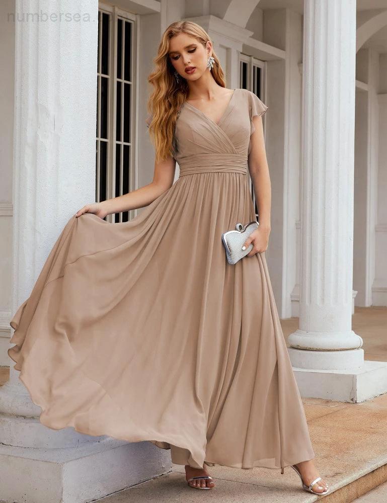 Numbersea V-Neck Bridesmaid Dress Floor Length Backless Formal Evening Dress 28024 - Image 94