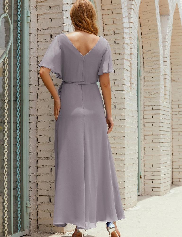 Numbersea V-Neck Bridesmaid Dress Long Formal Dresses with Belt for 28022 - Image 10