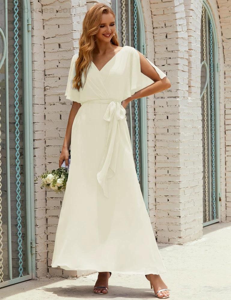 Numbersea V-Neck Bridesmaid Dress Long Formal Dresses with Belt for 28022 - Image 103