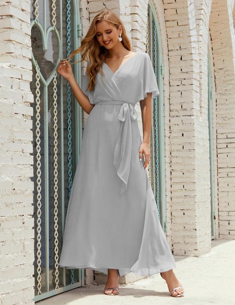 Numbersea V-Neck Bridesmaid Dress Long Formal Dresses with Belt for 28022 - Image 105
