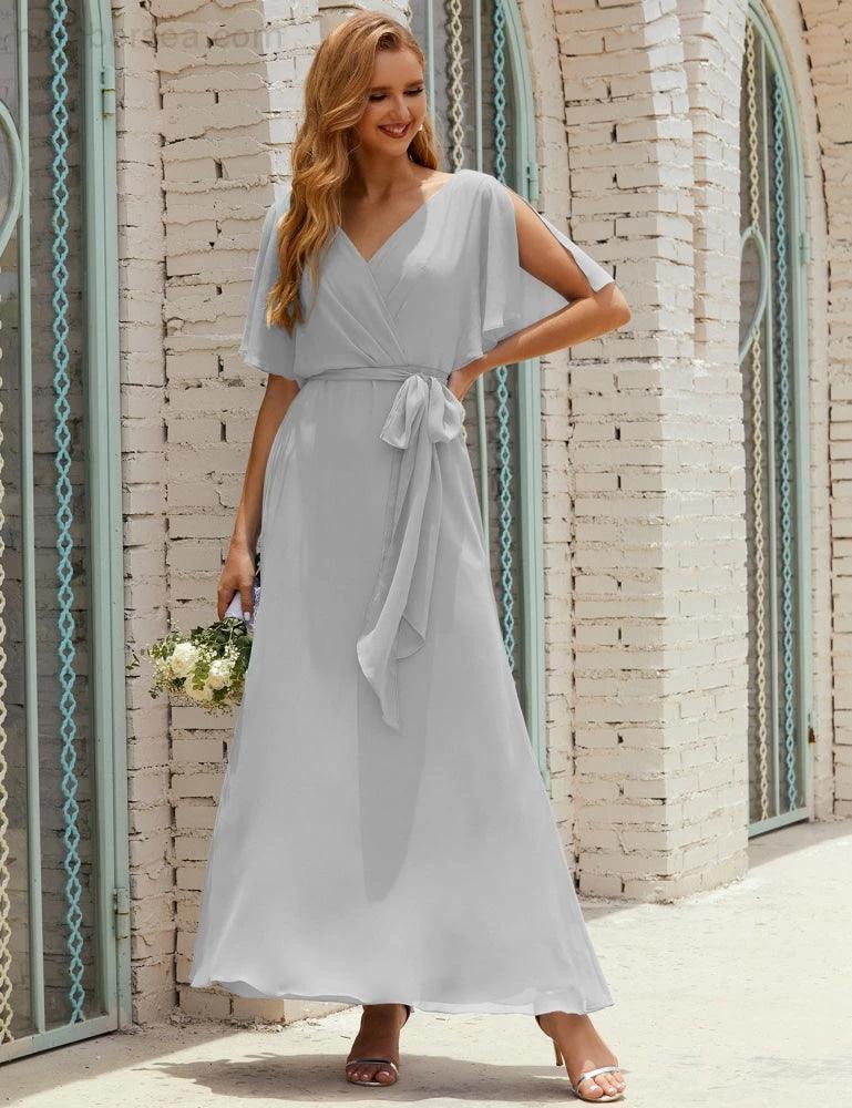 Numbersea V-Neck Bridesmaid Dress Long Formal Dresses with Belt for 28022 - Image 107
