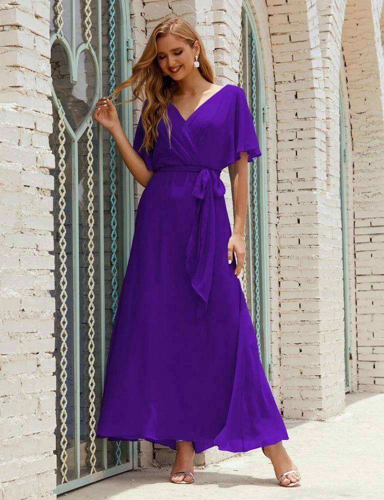 Numbersea V-Neck Bridesmaid Dress Long Formal Dresses with Belt for 28022 - Image 109