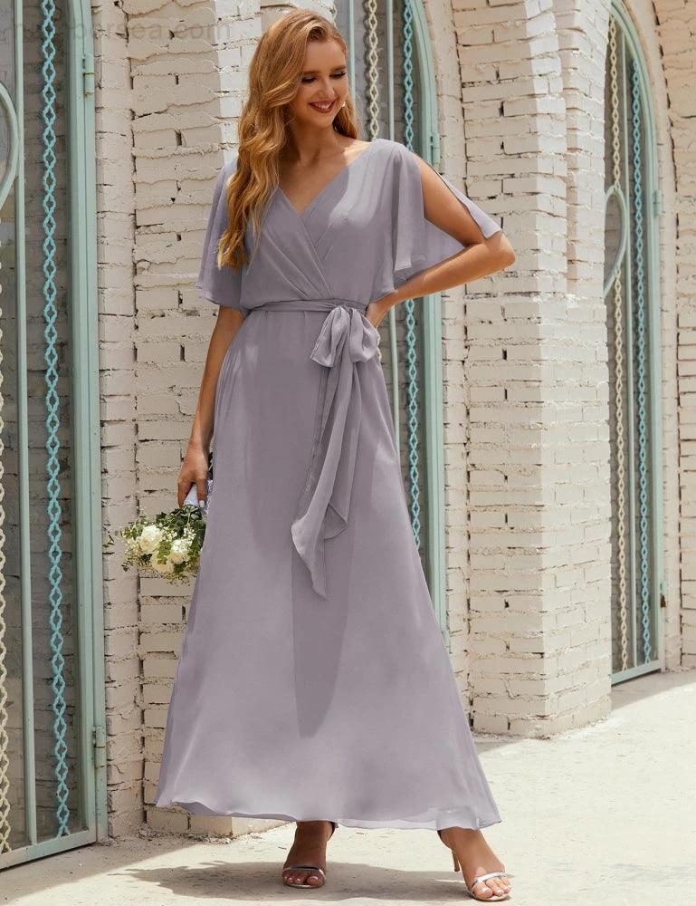 Numbersea V-Neck Bridesmaid Dress Long Formal Dresses with Belt for 28022 - Image 11
