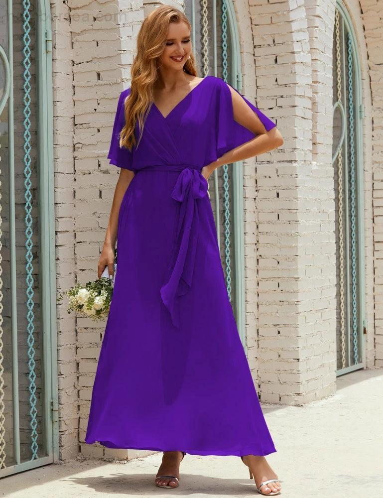 Numbersea V-Neck Bridesmaid Dress Long Formal Dresses with Belt for 28022 - Image 111