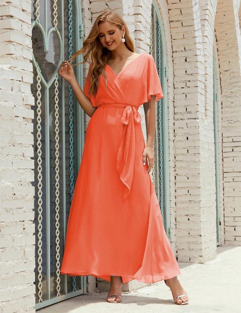 Numbersea V-Neck Bridesmaid Dress Long Formal Dresses with Belt for 28022 - Image 113