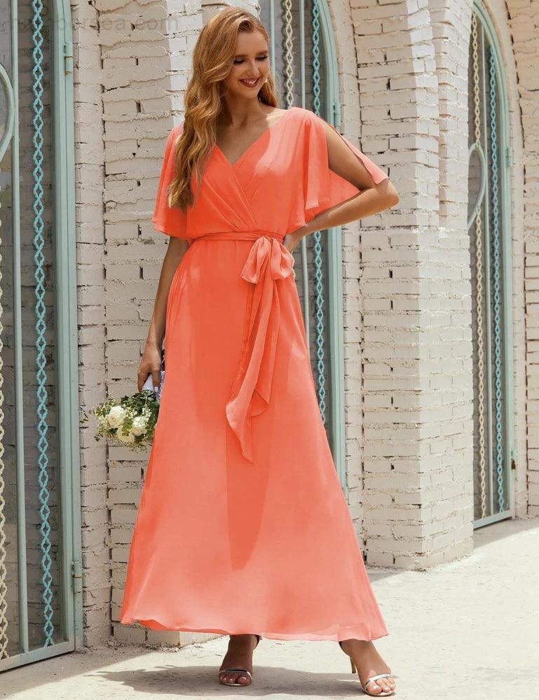 Numbersea V-Neck Bridesmaid Dress Long Formal Dresses with Belt for 28022 - Image 115