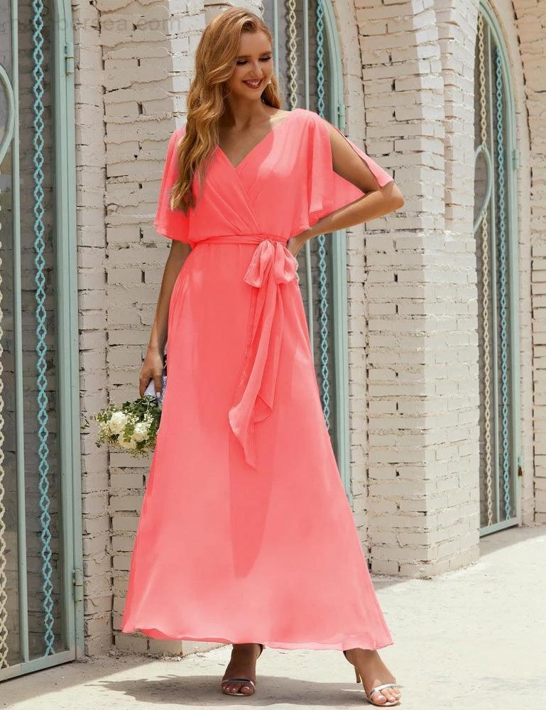 Numbersea V-Neck Bridesmaid Dress Long Formal Dresses with Belt for 28022 - Image 119