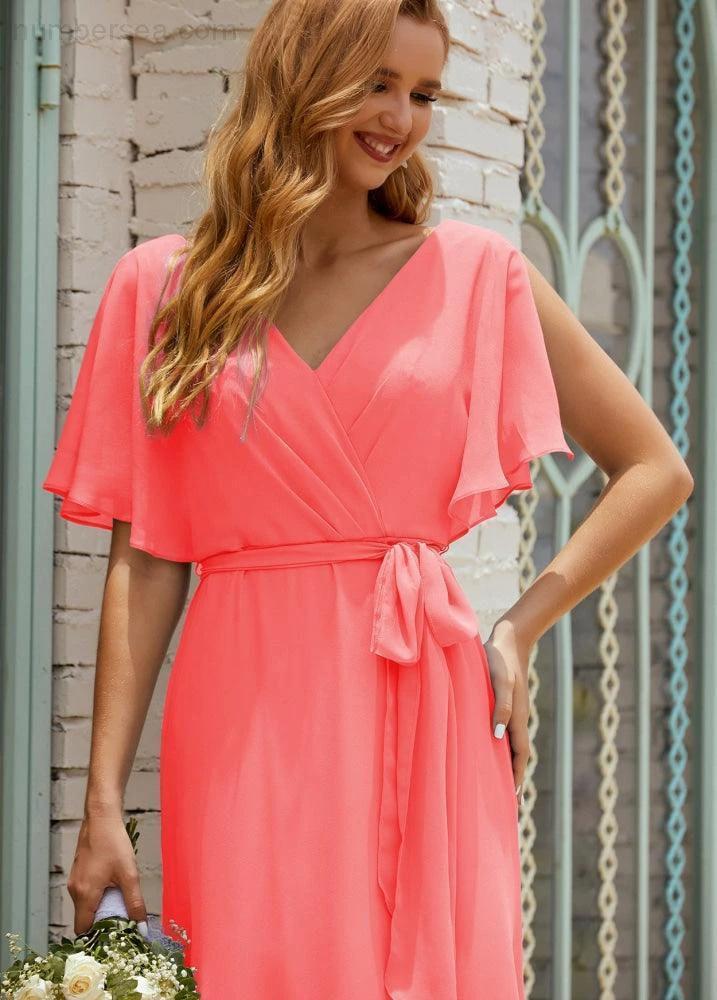 Numbersea V-Neck Bridesmaid Dress Long Formal Dresses with Belt for 28022 - Image 120
