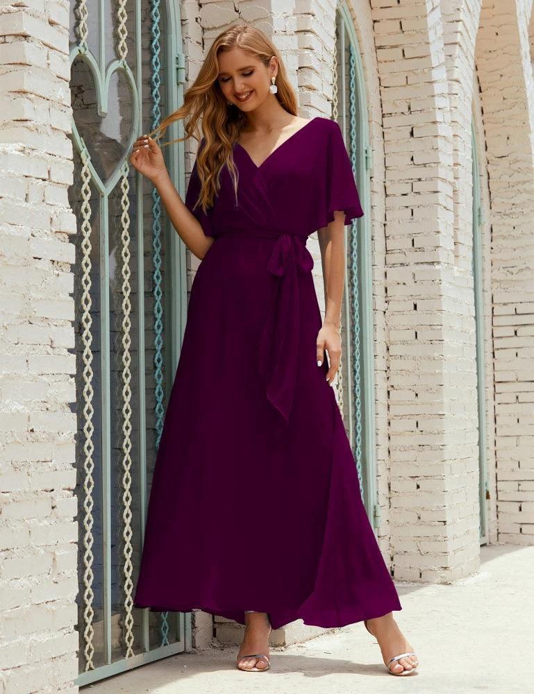 Numbersea V-Neck Bridesmaid Dress Long Formal Dresses with Belt for 28022 - Image 121