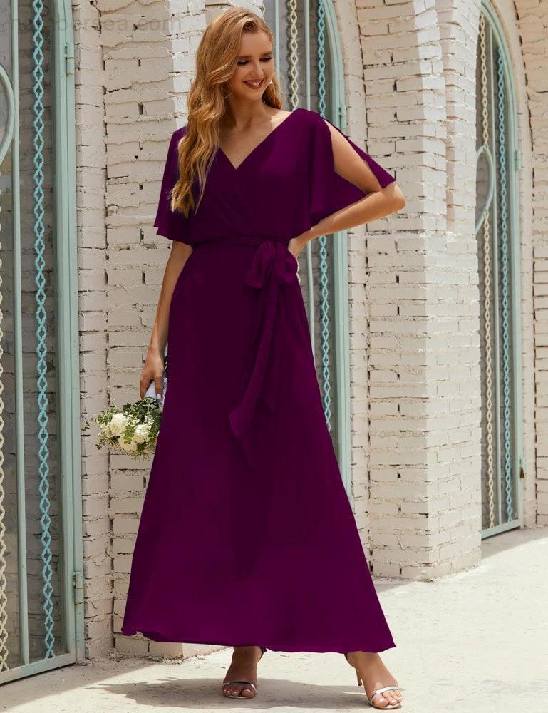 Numbersea V-Neck Bridesmaid Dress Long Formal Dresses with Belt for 28022 - Image 123