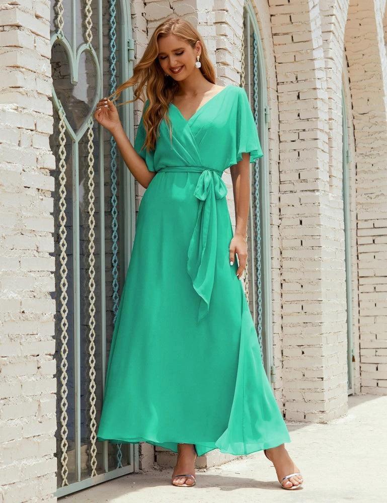 Numbersea V-Neck Bridesmaid Dress Long Formal Dresses with Belt for 28022 - Image 125