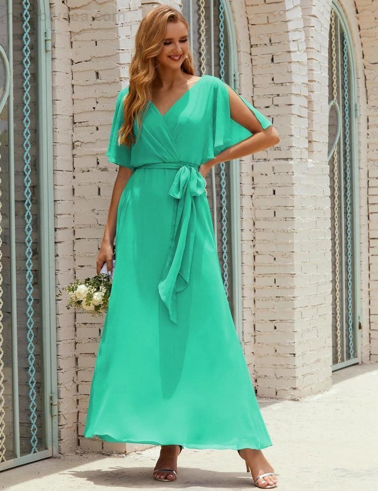 Numbersea V-Neck Bridesmaid Dress Long Formal Dresses with Belt for 28022 - Image 127