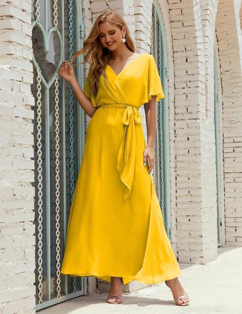 Numbersea V-Neck Bridesmaid Dress Long Formal Dresses with Belt for 28022 - Image 129