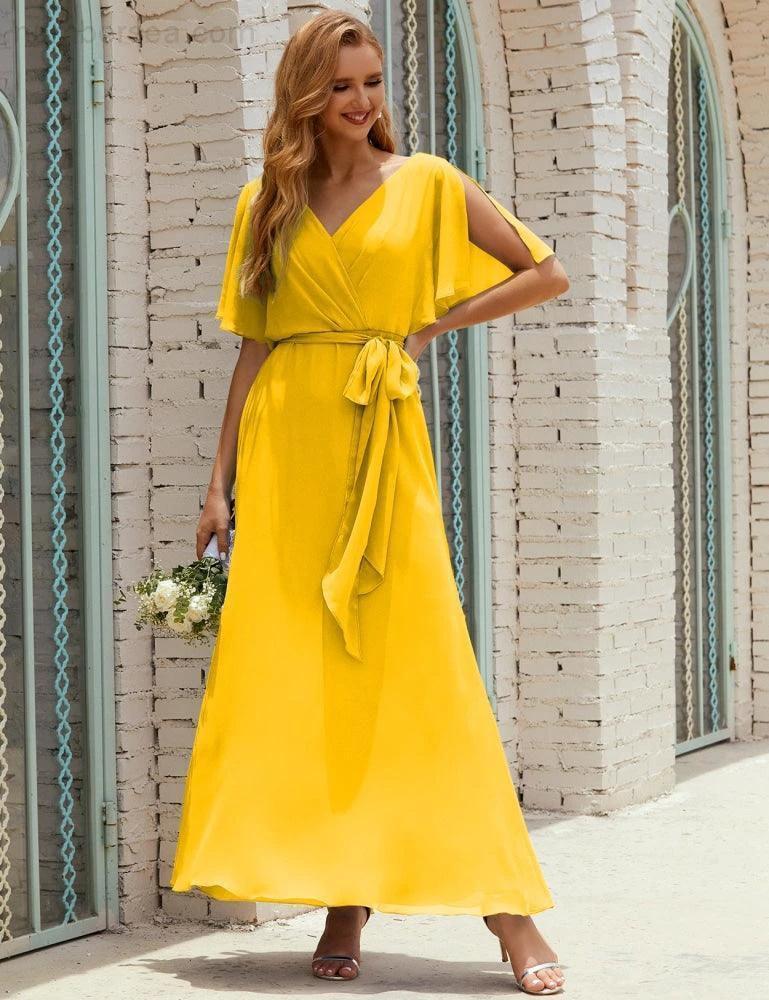 Numbersea V-Neck Bridesmaid Dress Long Formal Dresses with Belt for 28022 - Image 131