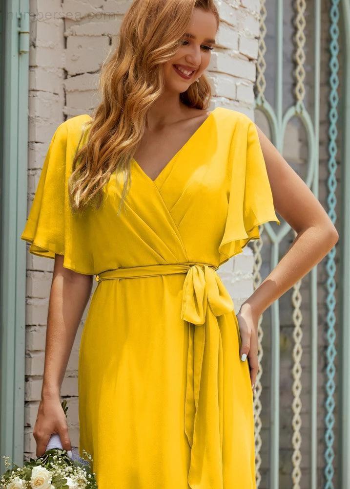 Numbersea V-Neck Bridesmaid Dress Long Formal Dresses with Belt for 28022 - Image 132