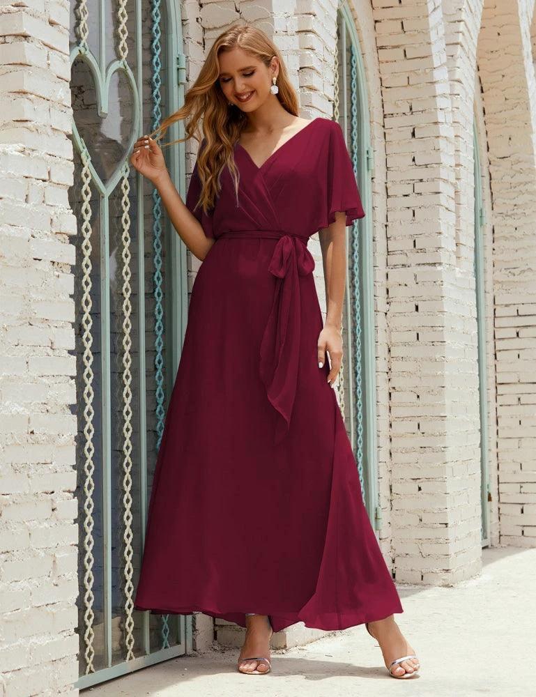 Numbersea V-Neck Bridesmaid Dress Long Formal Dresses with Belt for 28022 - Image 133