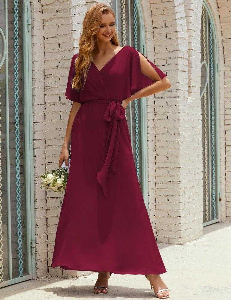Numbersea V-Neck Bridesmaid Dress Long Formal Dresses with Belt for 28022 - Image 135