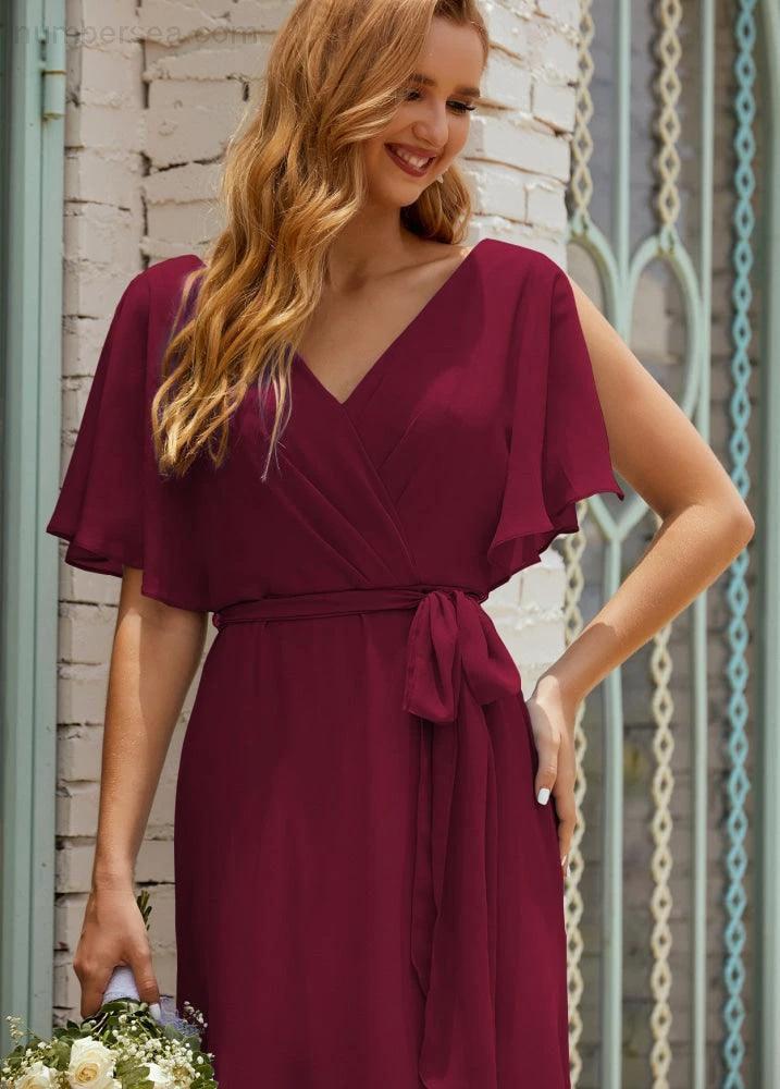 Numbersea V-Neck Bridesmaid Dress Long Formal Dresses with Belt for 28022 - Image 136