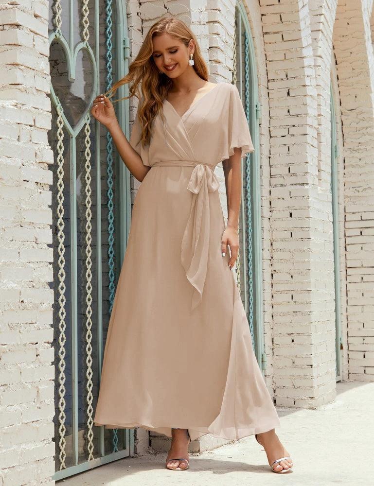 Numbersea V-Neck Bridesmaid Dress Long Formal Dresses with Belt for 28022 - Image 137
