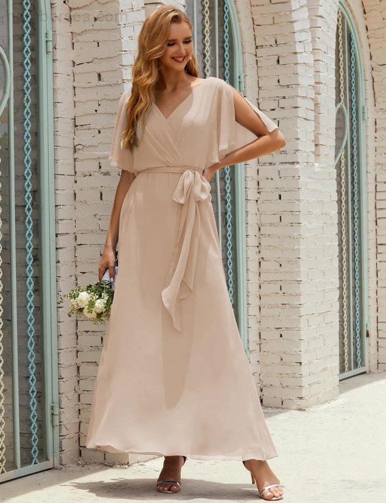Numbersea V-Neck Bridesmaid Dress Long Formal Dresses with Belt for 28022 - Image 139