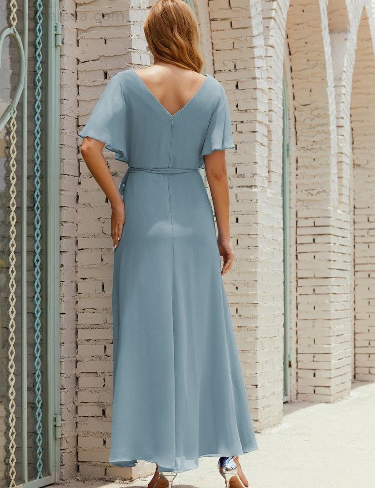 Numbersea V-Neck Bridesmaid Dress Long Formal Dresses with Belt for 28022 - Image 14