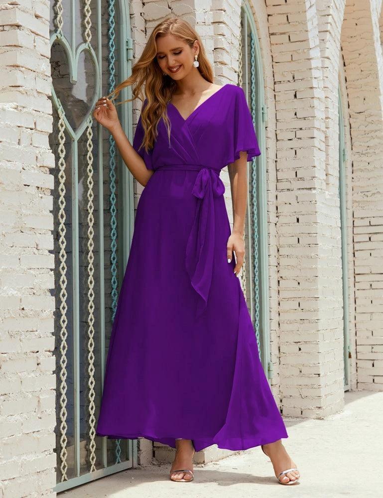 Numbersea V-Neck Bridesmaid Dress Long Formal Dresses with Belt for 28022 - Image 141