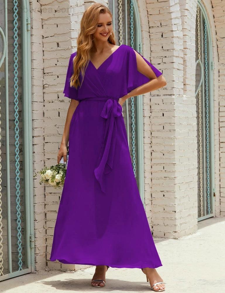 Numbersea V-Neck Bridesmaid Dress Long Formal Dresses with Belt for 28022 - Image 143