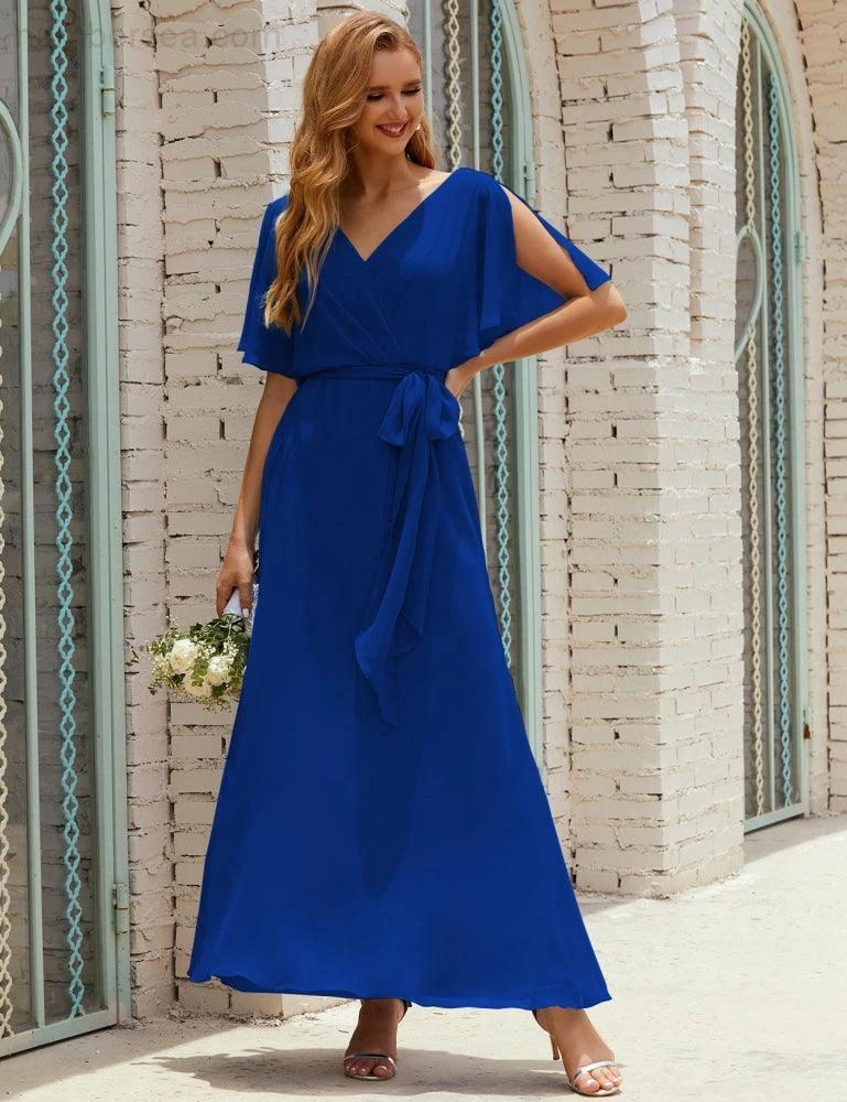 Numbersea V-Neck Bridesmaid Dress Long Formal Dresses with Belt for 28022 - Image 147