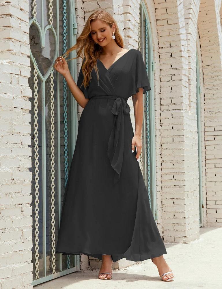 Numbersea V-Neck Bridesmaid Dress Long Formal Dresses with Belt for 28022 - Image 149