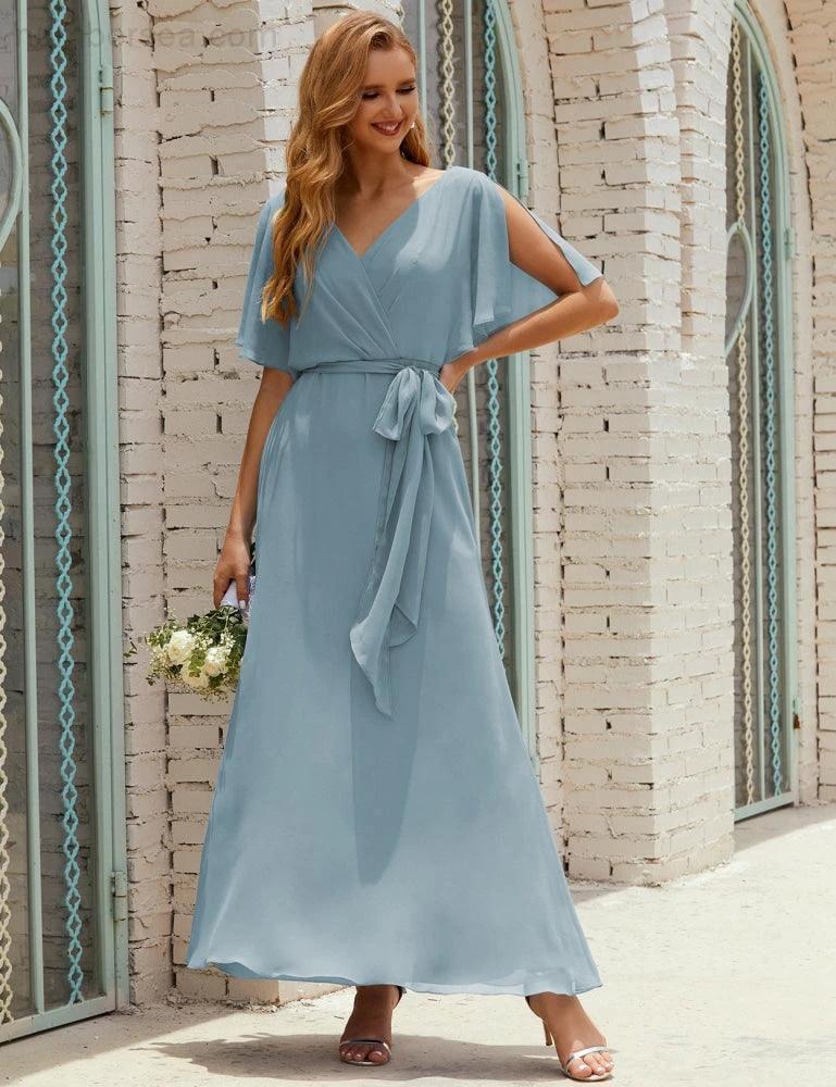 Numbersea V-Neck Bridesmaid Dress Long Formal Dresses with Belt for 28022 - Image 15