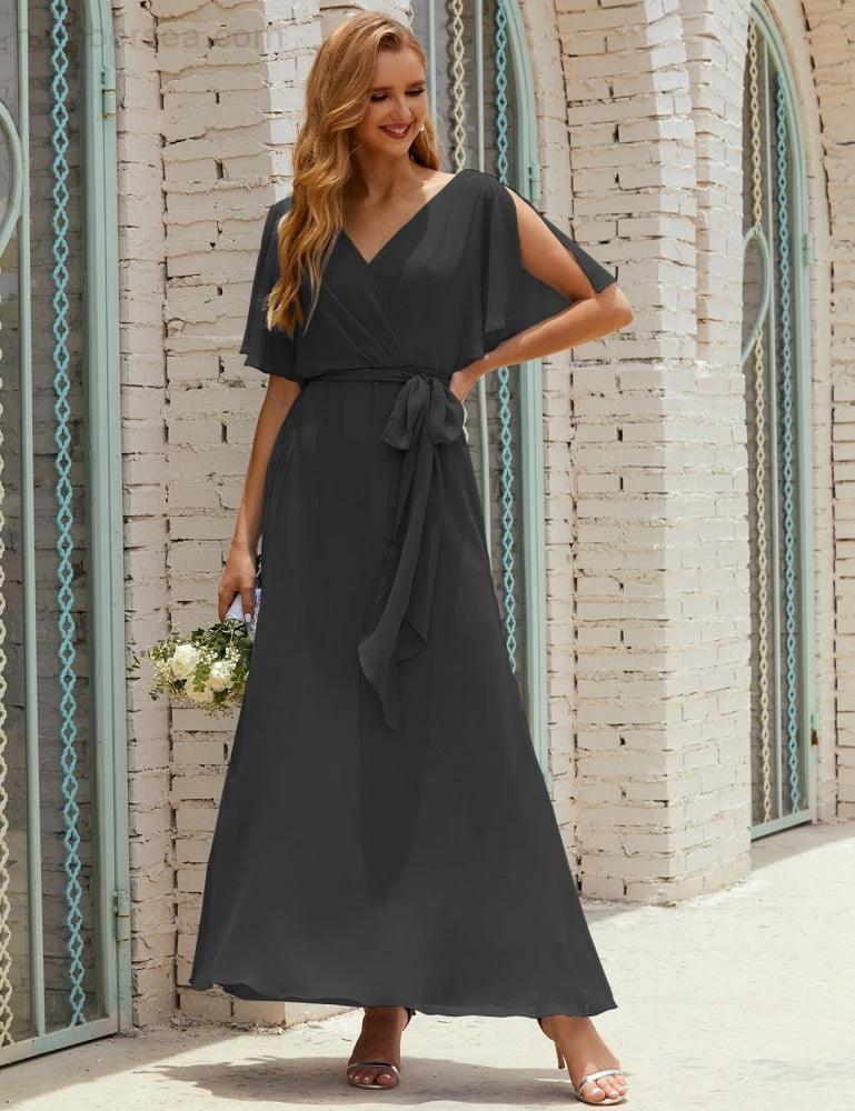 Numbersea V-Neck Bridesmaid Dress Long Formal Dresses with Belt for 28022 - Image 151