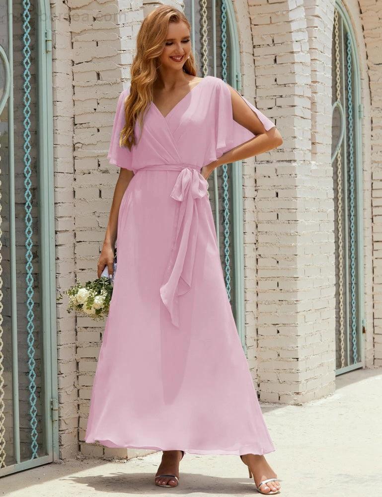 Numbersea V-Neck Bridesmaid Dress Long Formal Dresses with Belt for 28022 - Image 155