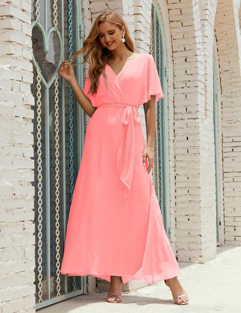 Numbersea V-Neck Bridesmaid Dress Long Formal Dresses with Belt for 28022 - Image 157