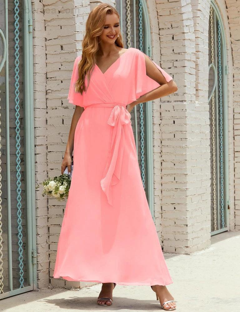 Numbersea V-Neck Bridesmaid Dress Long Formal Dresses with Belt for 28022 - Image 159